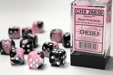 Gemini 16mm d6 Black-Pink/white Dice Block (12 dice)