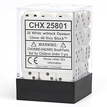 Opaque 12mm d6 White/Black Dice Block (36 dice)