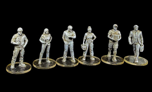 Front view of six unpainted 28mm working civilian miniatures with professionals and tradespeople