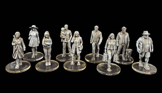 Front view of nine unpainted 28mm Western civilian miniatures depicting everyday people