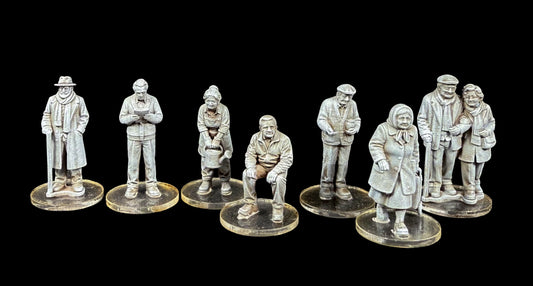 Front view of eight unpainted 28mm older civilian miniatures in everyday poses