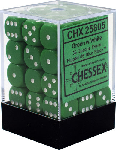 Opaque 12mm d6 Green/White Dice Block (36 dice)