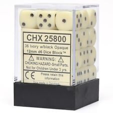 Opaque 12mm d6 Ivory/Black Dice Block (36 dice)