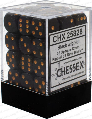 Opaque 12mm d6 Black/Gold Dice Block (36 dice)